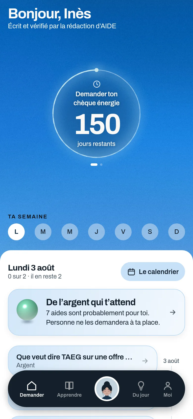 L’accueil de l’application AIDE