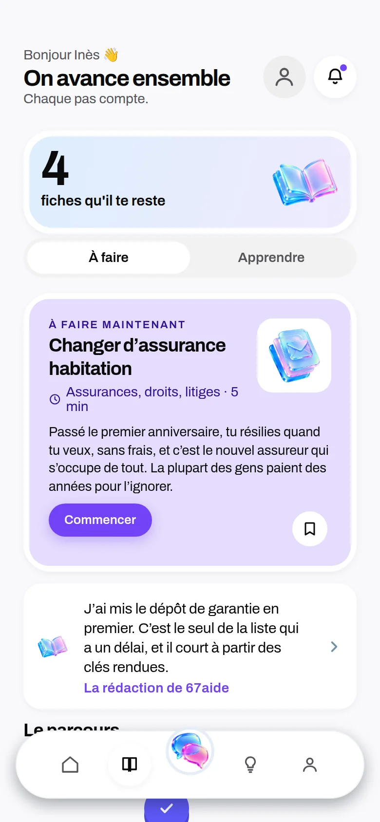 L’écran « apprendre » de l’application 67aide, avec le parcours « Je m’installe »