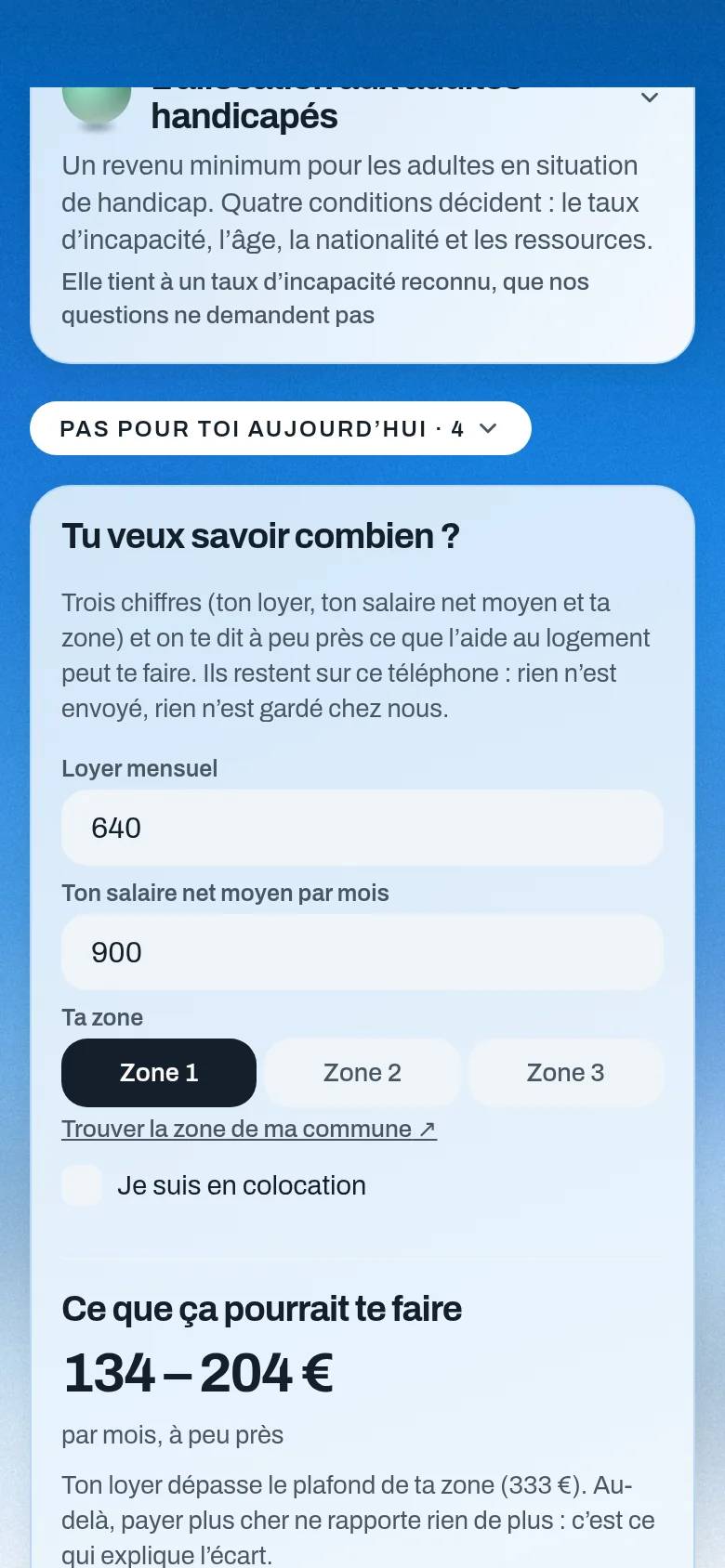 L’estimation de l’aide au logement : trois chiffres saisis, une fourchette calculée sur l’appareil